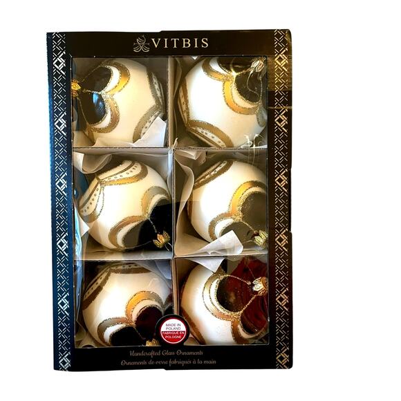 Set 6 Vitbis BLACK GOLD Glass Christmas Ornaments 3in Handcrafted in Poland NEW - Picture 9 of 15